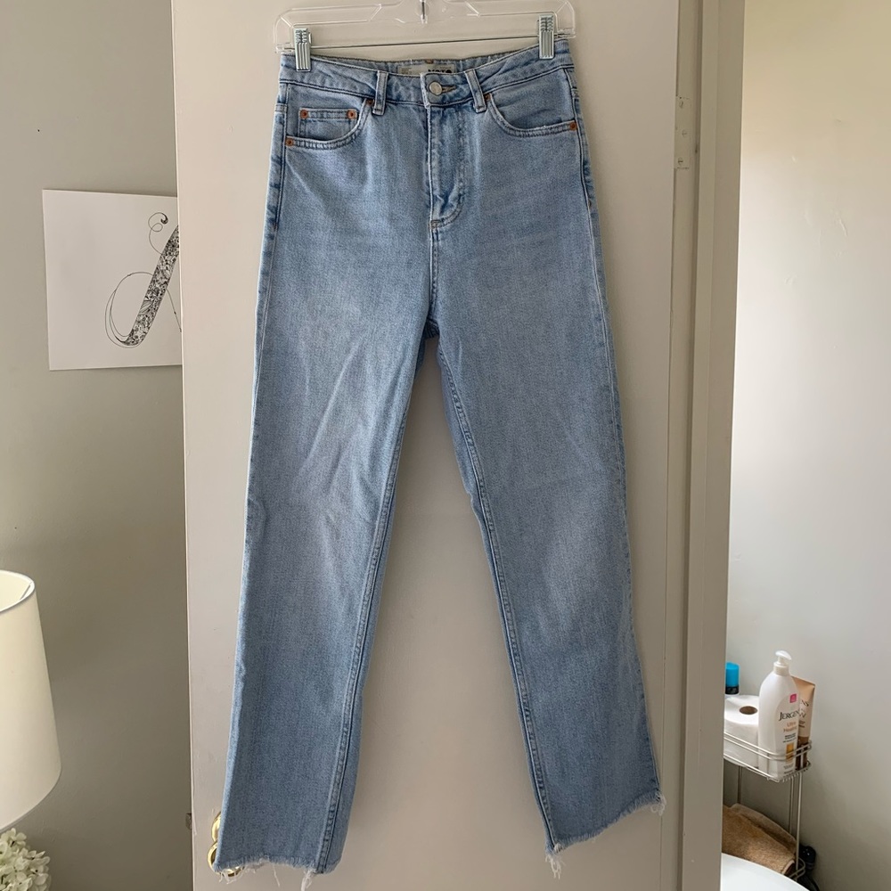 High waisted “moto” straight leg jeans